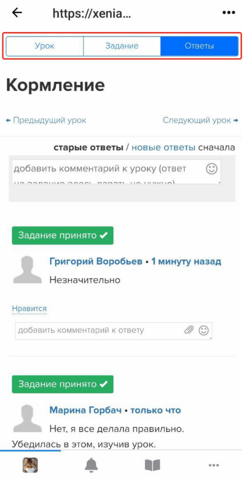 Вкладка «Ответы» в неоптимизированном уроке Вкладка «Ответы» в неоптимизированном уроке