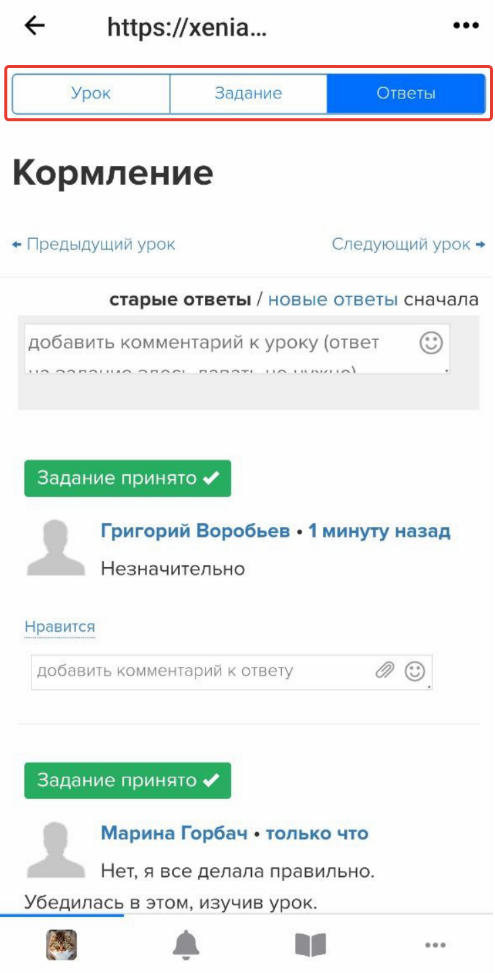 Вкладка «Ответы» в неоптимизированном уроке