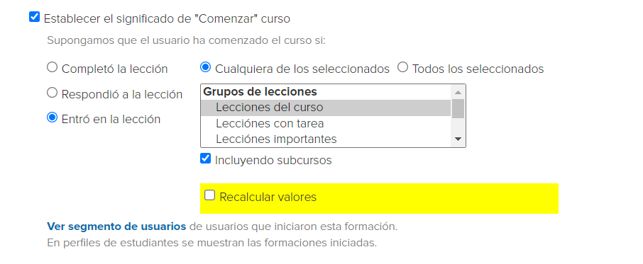 <p>
Se considera que el inicio del curso es la entrada a cualquiera de las lecciones del curso o subcurso. </p>
<p>
Se considera que el inicio del curso es la entrada a cualquiera de las lecciones del curso o subcurso. </p>