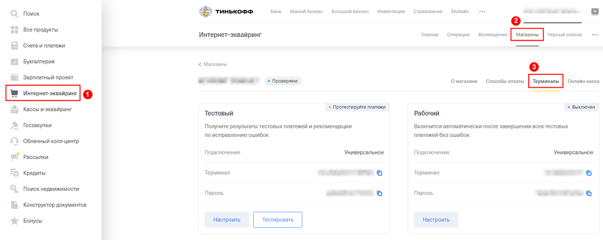 Переход к тестовому терминалу