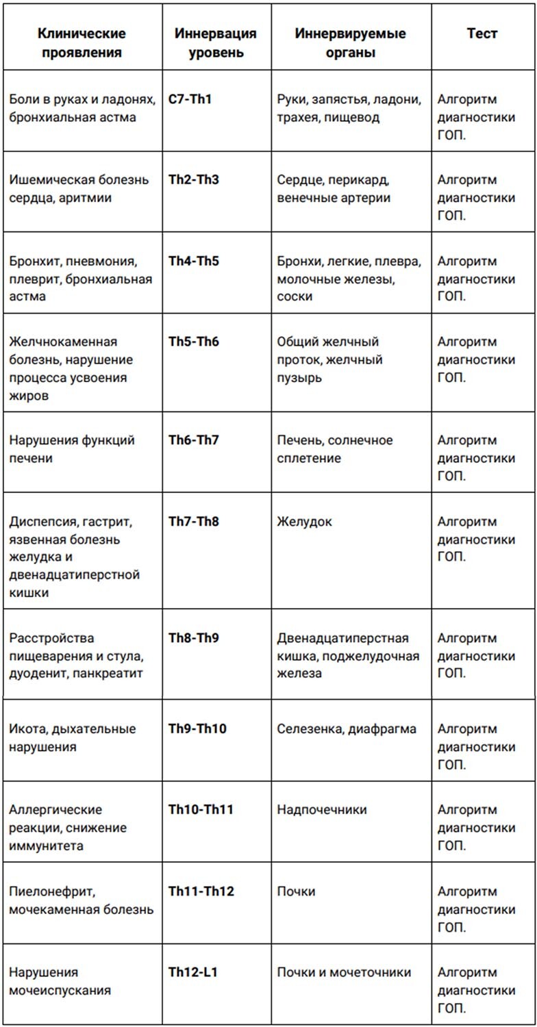 Таблица иннервации грудного отдела позвоночника Таблица иннервации грудного отдела позвоночника