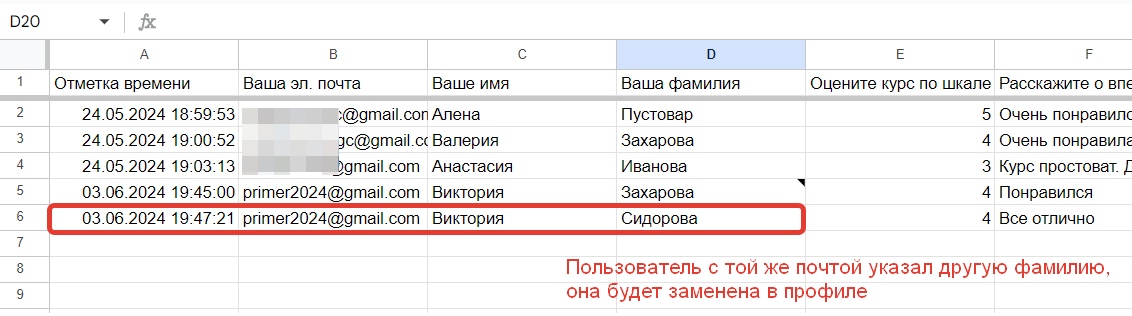 <p>
Пользователь изменил фамилию в новом ответе, она будет заменена в профиле</p>
<p>
Пользователь изменил фамилию в новом ответе, она будет заменена в профиле</p>