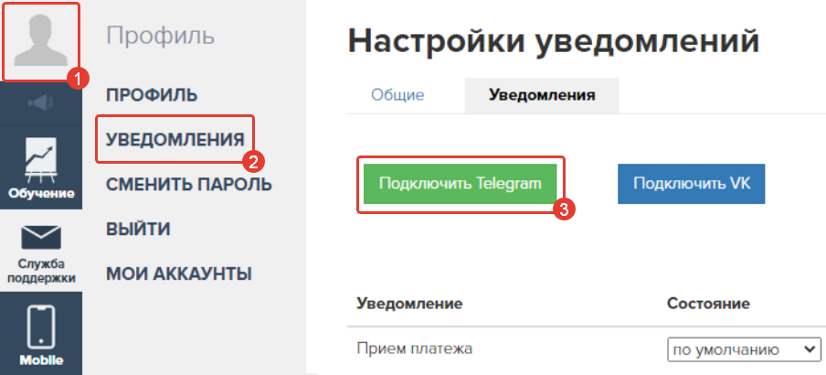 Подключение Telegram по кнопке в разделе «Профиль» — «Уведомления» Подключение Telegram по кнопке в разделе «Профиль» — «Уведомления»