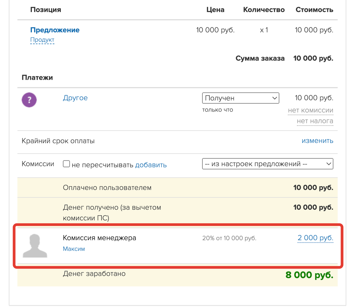 Комиссия менеджера Комиссия менеджера