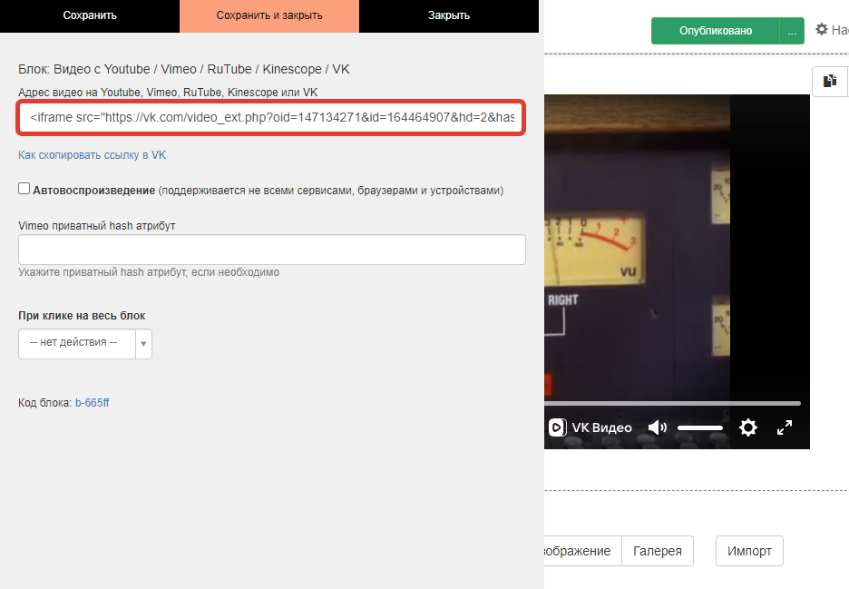Ссылка на видео в настройках блока