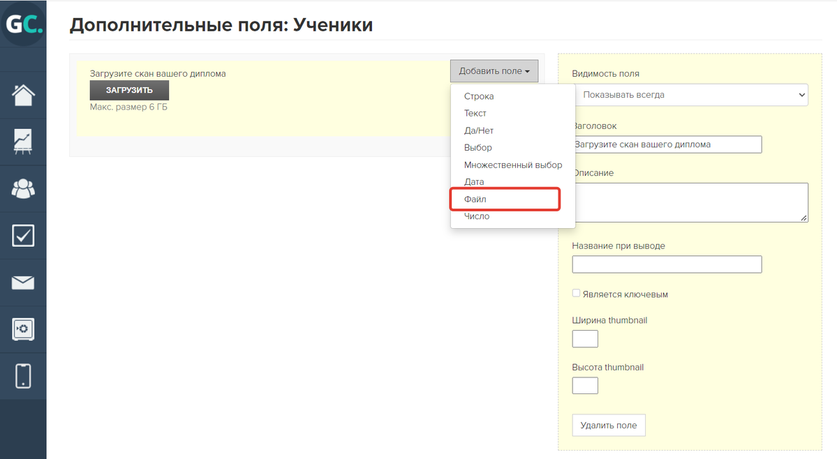 Дополнительное поле типа «Файл» Дополнительное поле типа «Файл»