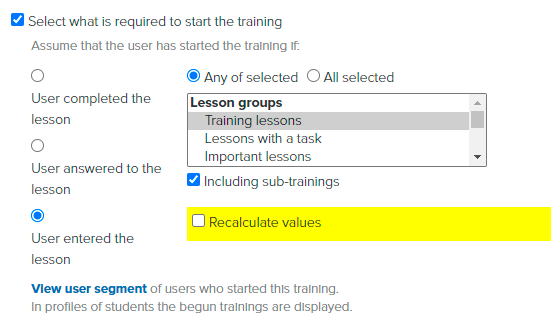 <p>The start of the training is considered to be the entrance to any of the training lessons or subtrainings.</p> <p>The start of the training is considered to be the entrance to any of the training lessons or subtrainings.</p>