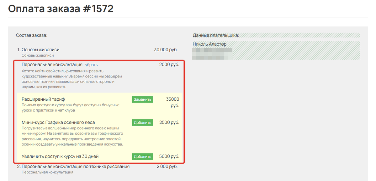 Модификаторы на странице оплаты