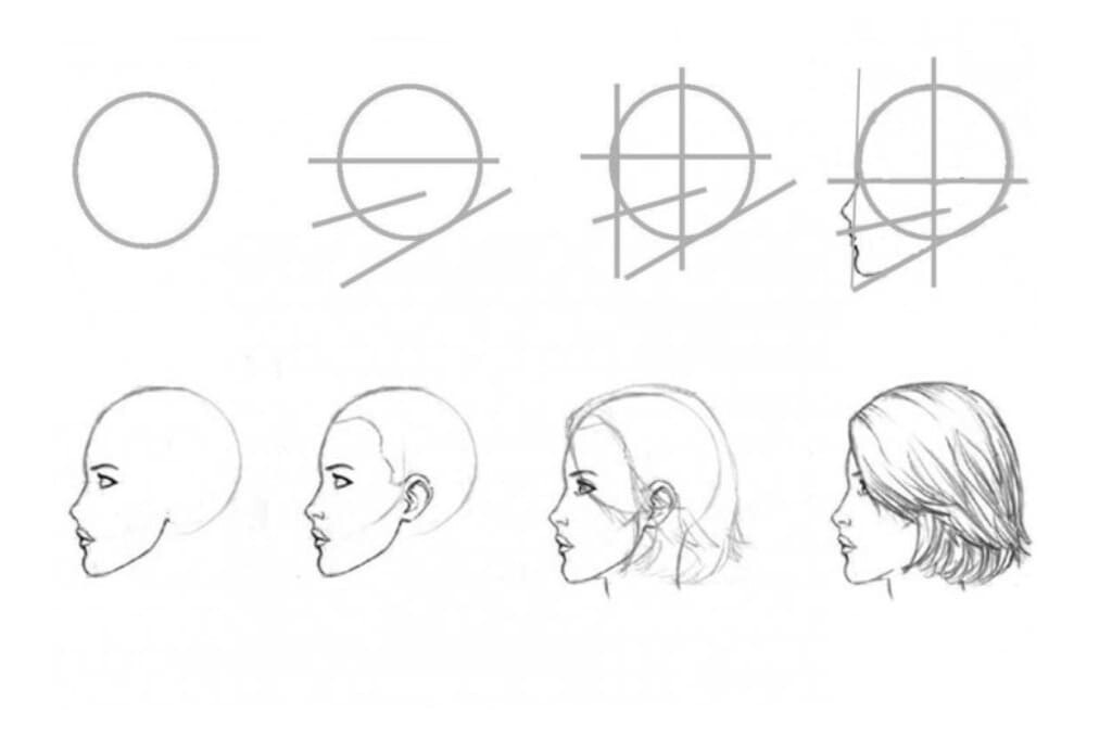 Голова девушки рисунок. Рисование лица в профиль. Поэтапное рисование лица в профиль. Рисование человека в профиль. Лицо в профиль рисунок пошагово.