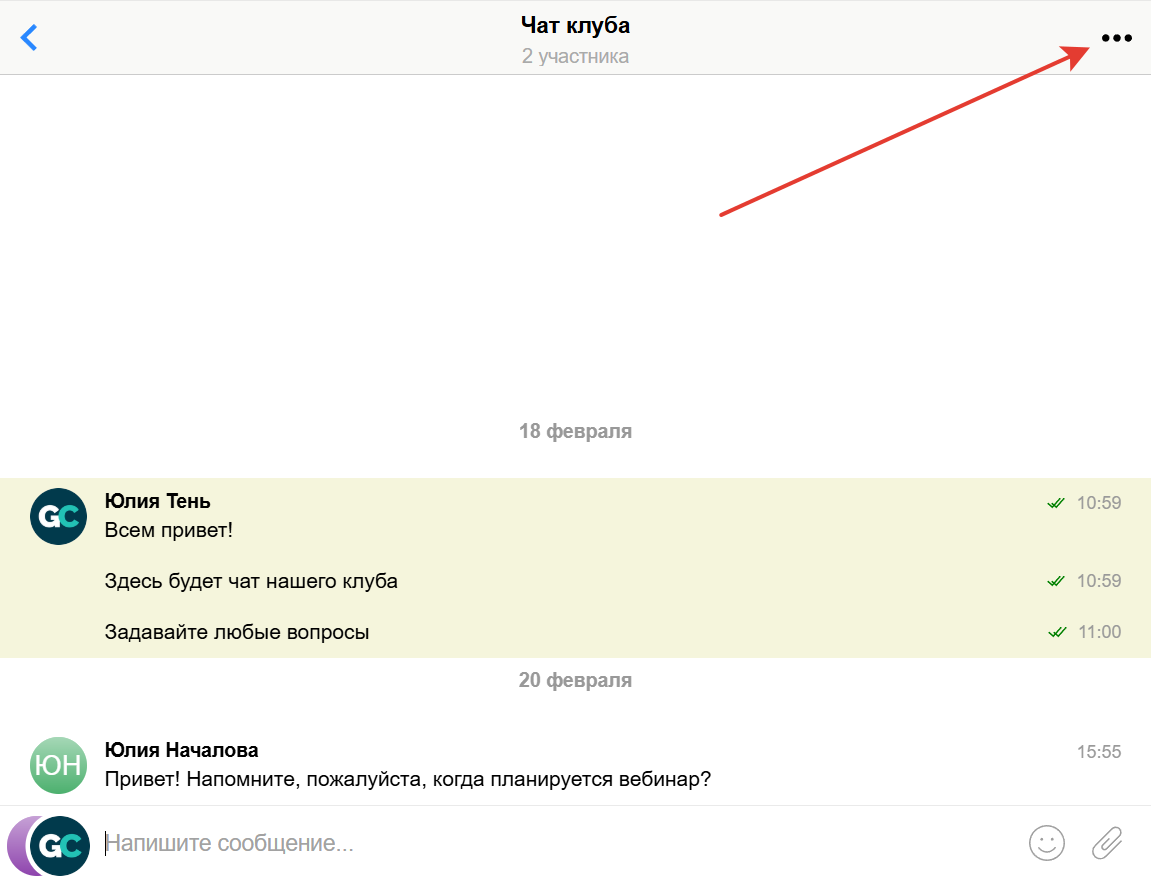 Меню управления чатом