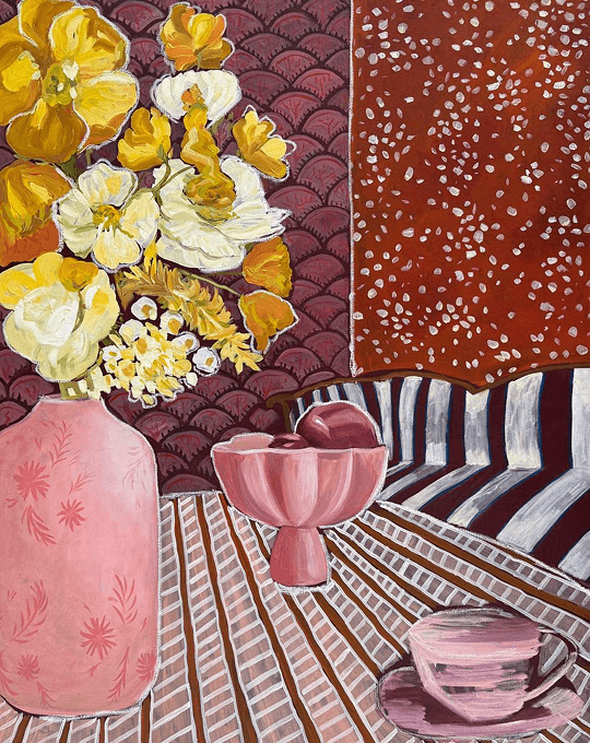 
		
		<p>Желтые цветы, полосатый диван, 2025 <br>Холст, масло, масляная пастель<br>90 Х 120 cm</p>		