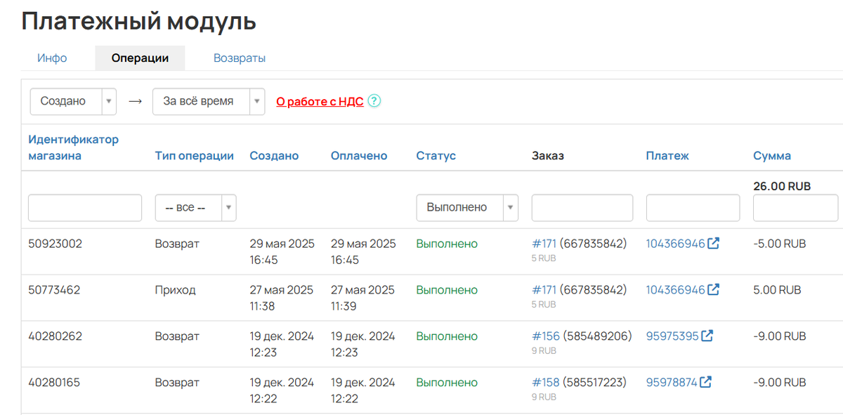 Операции платежного модуля