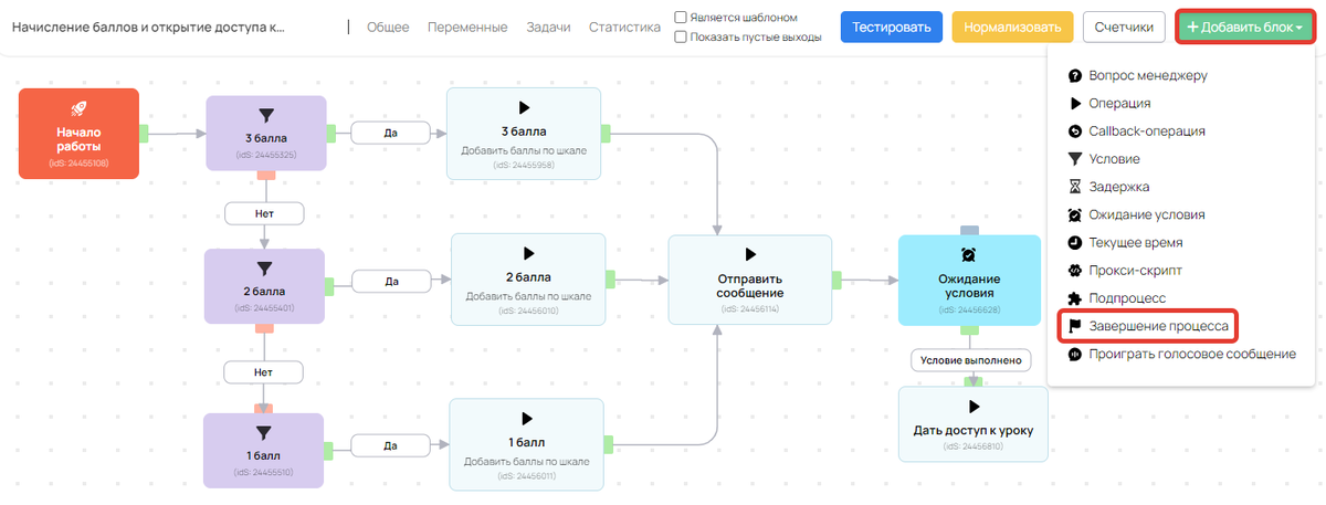 Блок «Завершение процесса»