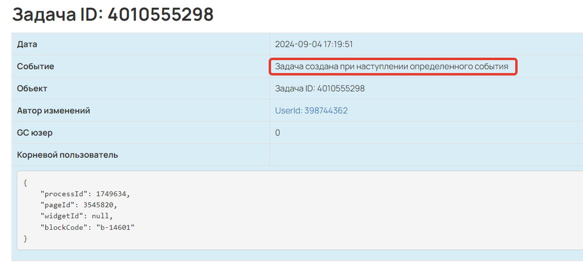 Параметры задачи, созданной при наступлении определенного события