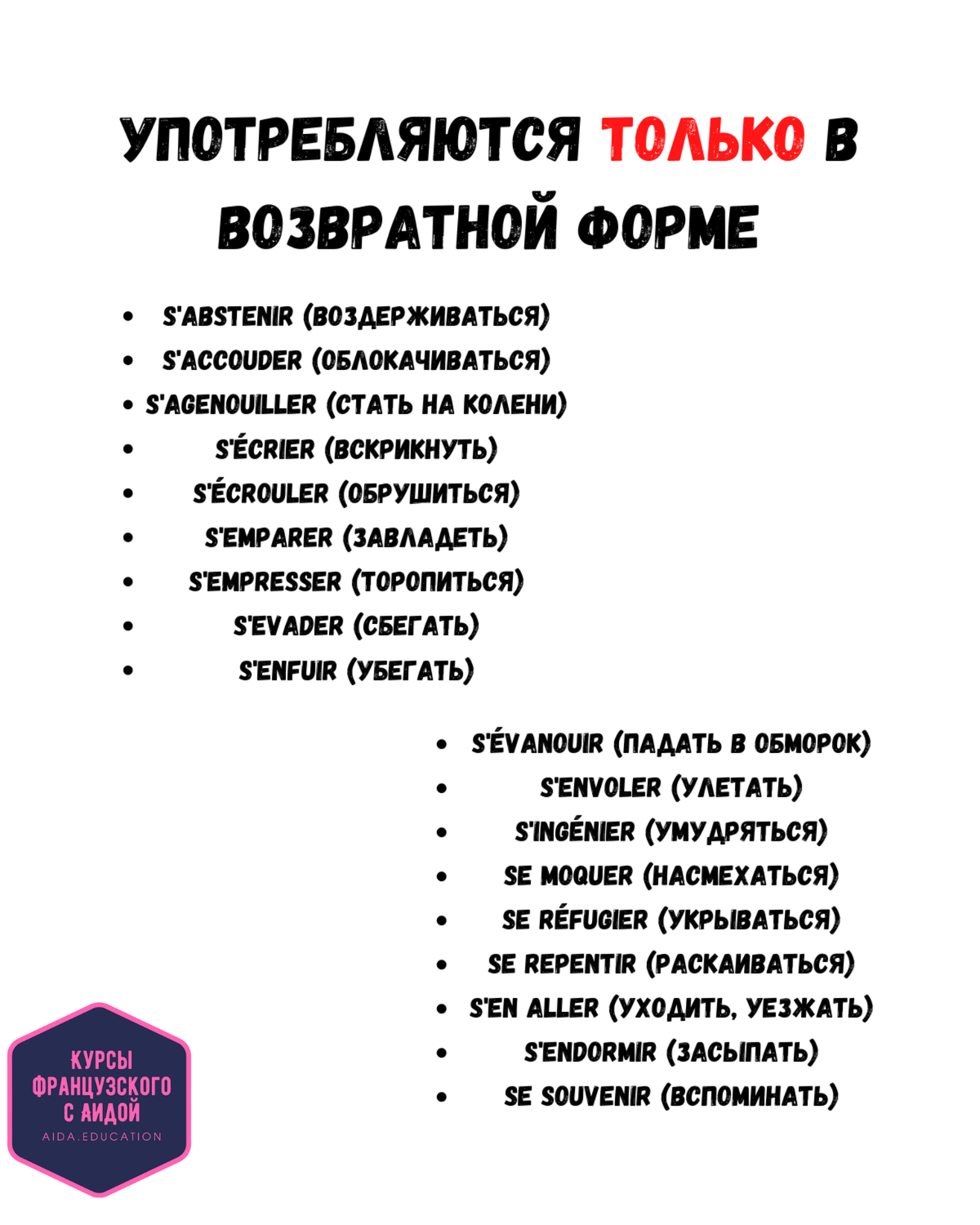 Возвратные глаголы во французском. Возвратные глаголы французский список.