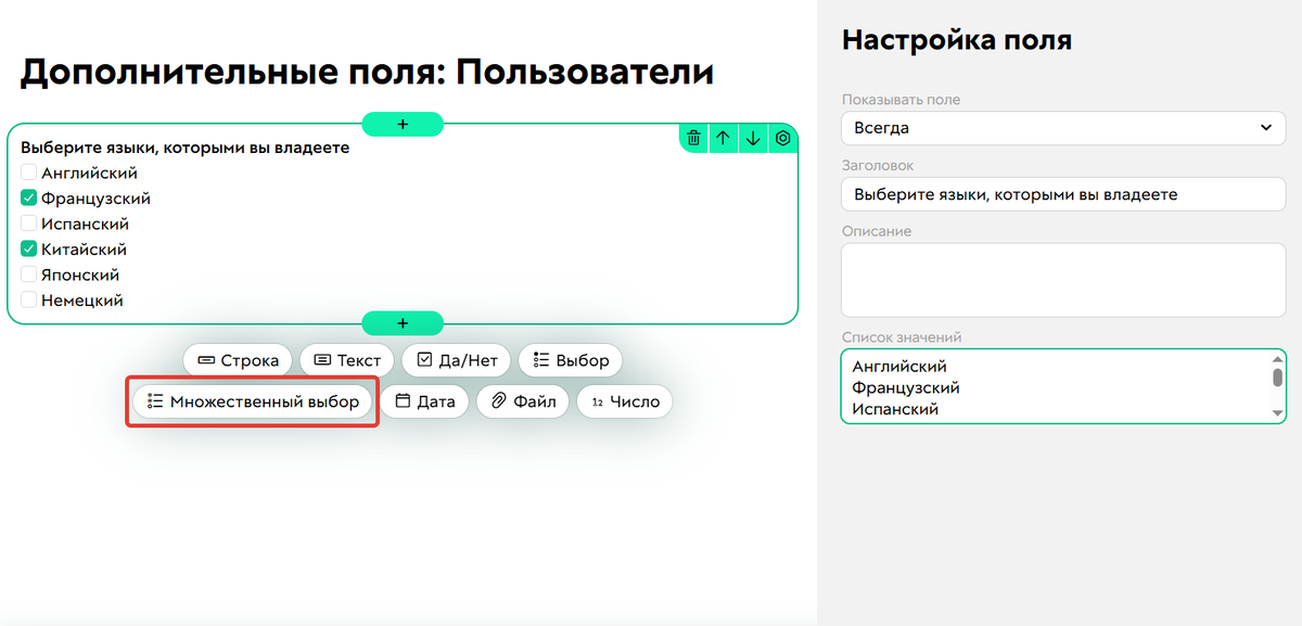 Дополнительное поле типа «Множественный выбор»