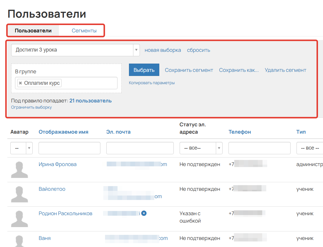 
		<p>Полноценный доступ для работы с сегментами</p>	