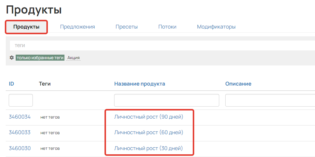 <p>
		Продукты для каждого срока доступа</p>