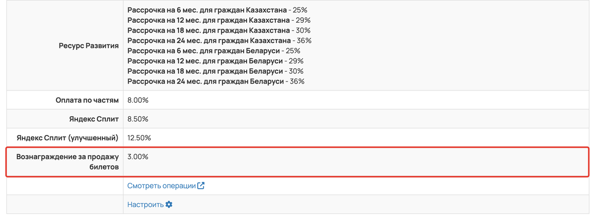 <p>
Доп.комиссия за продажу билетов в разделе «Продажи — Платежный модуль — Инфо»	</p>