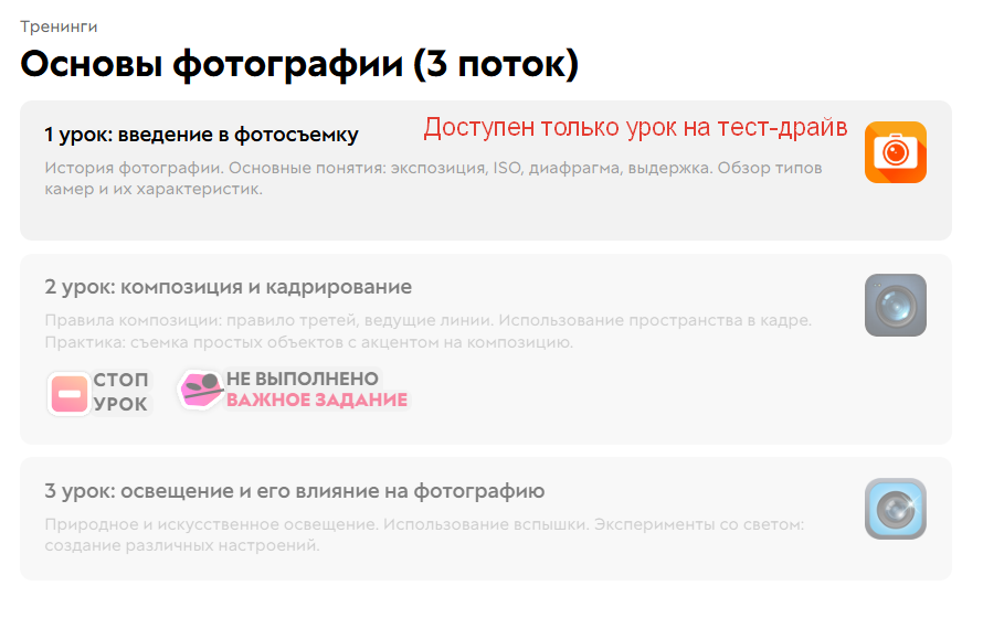 
		<p>Доступен только урок на тест-драйв</p>	