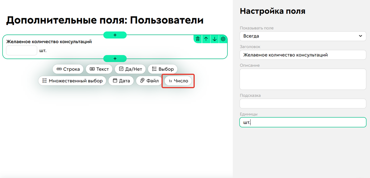 Дополнительное поле типа «Число»