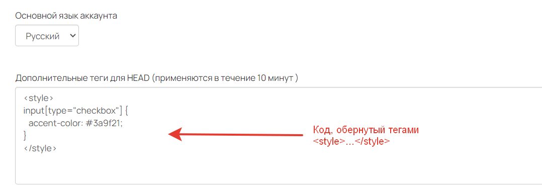 Код, обернутый тегами в настройках аккаунта