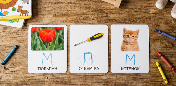 Карточки с картинками и первыми буквами М и П
