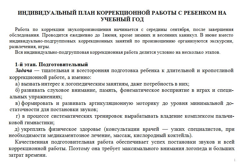 Индивидуальный план коррекционной работы с ребенком на учебный год