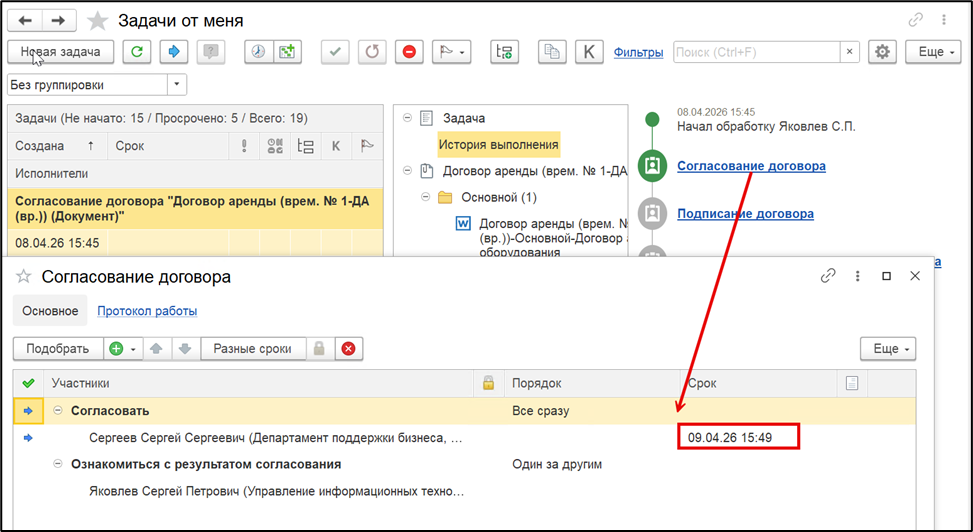 Карточка задачи с текущим сроком выполнения.