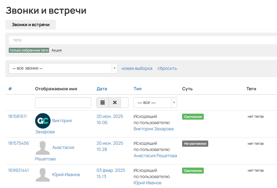 
		<p>Раздел Звонки и встречи</p>	