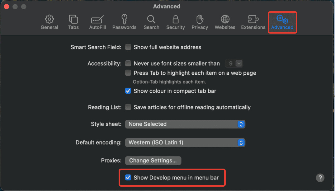 Enable Show Develop menu in menu bar