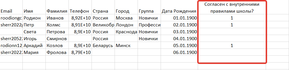 <p>
Столбец для заполнения поля «Да/Нет»	</p>