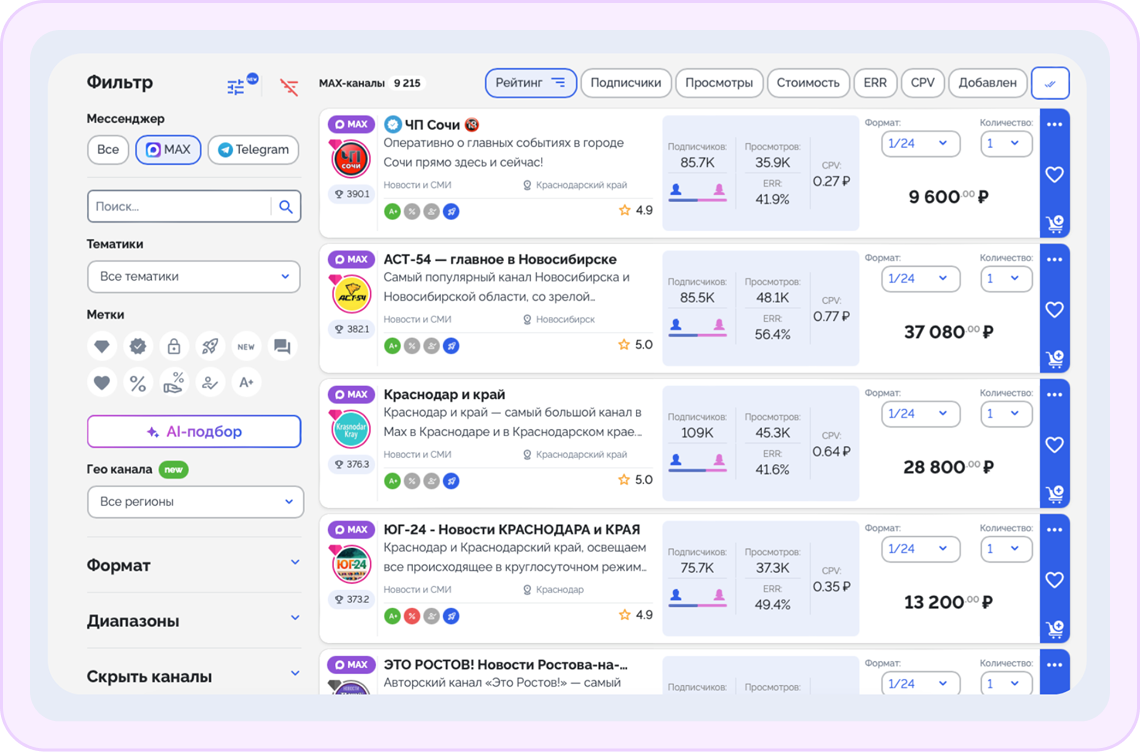 Каталог из 10 000+ площадок MAX