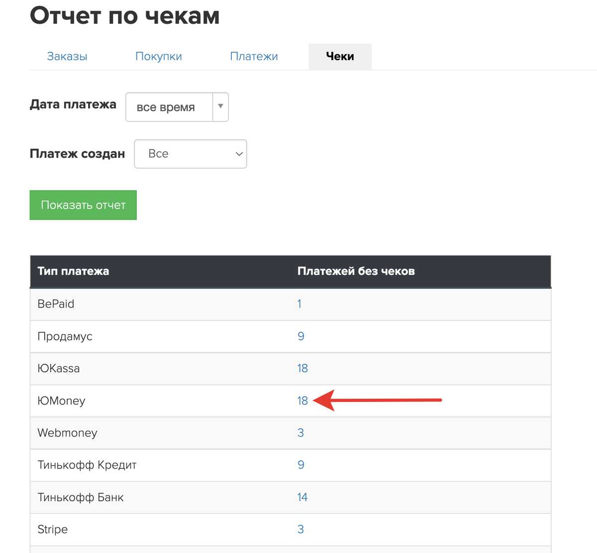 Кликните на количество платежей без чеков