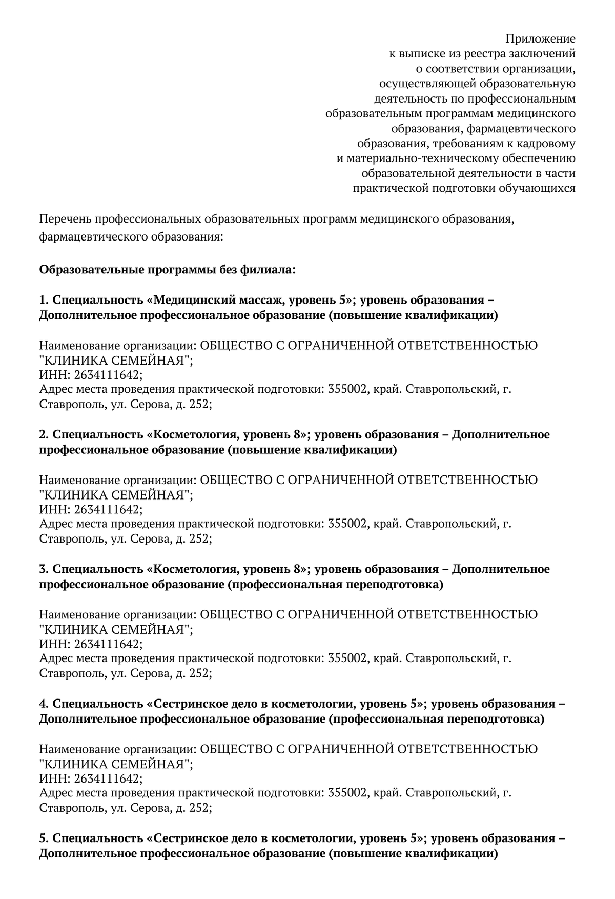 Программа Косметология в выписке Росздравнадзора