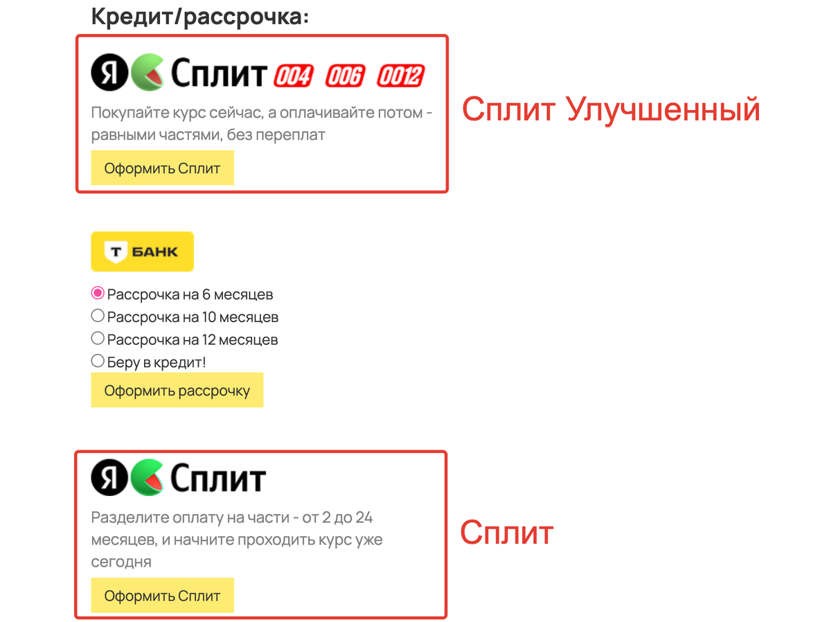 <p>Яндекс Сплит на&nbsp;странице оплаты	</p>